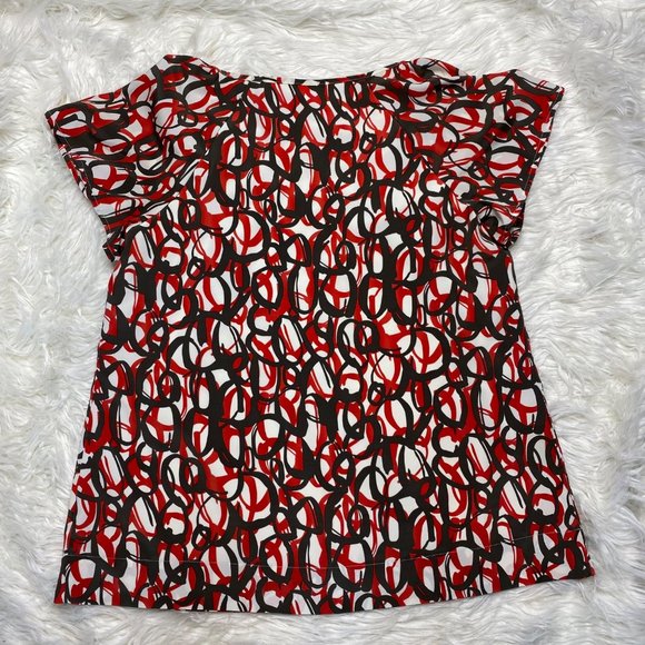 Elle Women's Abstract Print Pleated Neckline Short Sleeve Top Red Black Size S - Picture 8 of 11